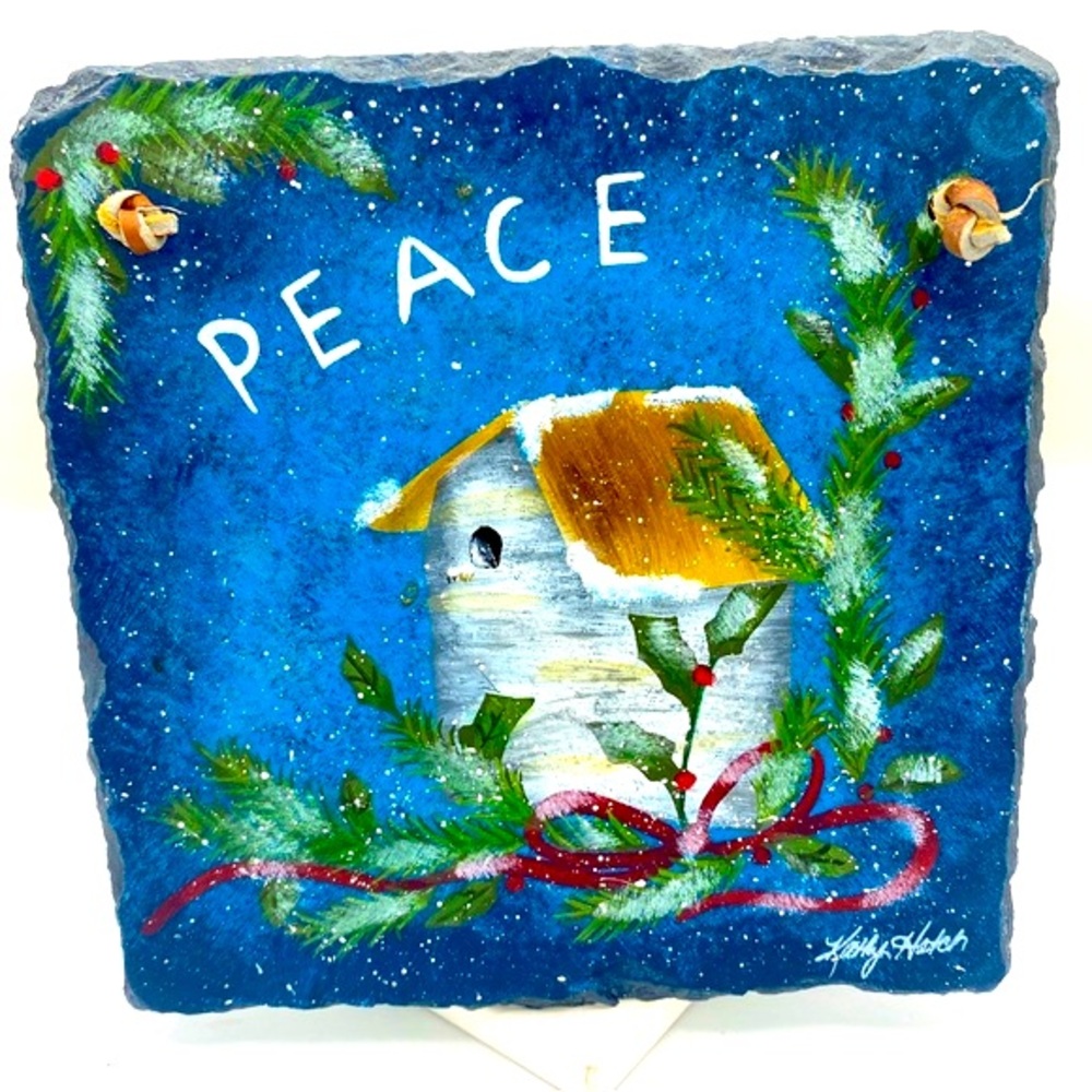Original Pennsylvania Artist Kathy Hatch Birdhouse Snowy Scene Painting On Slate